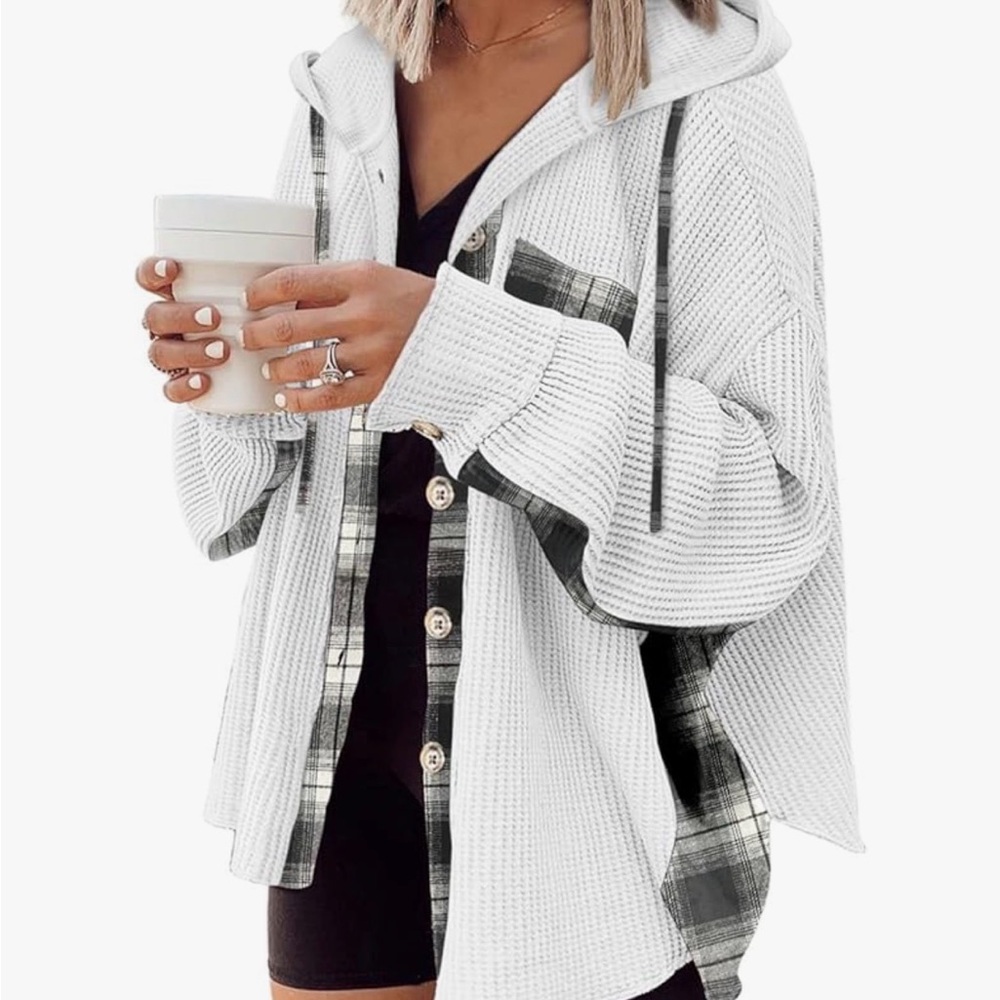 White Hooded Button-Up Shacket with Black Plaid Trim